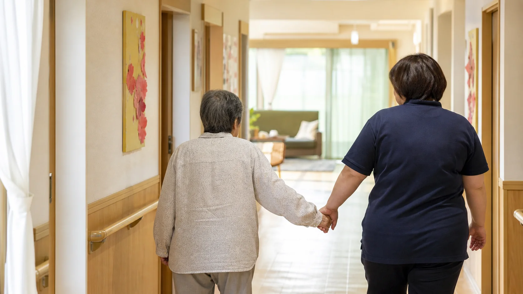 利用者と介護スタッフが歩く様子