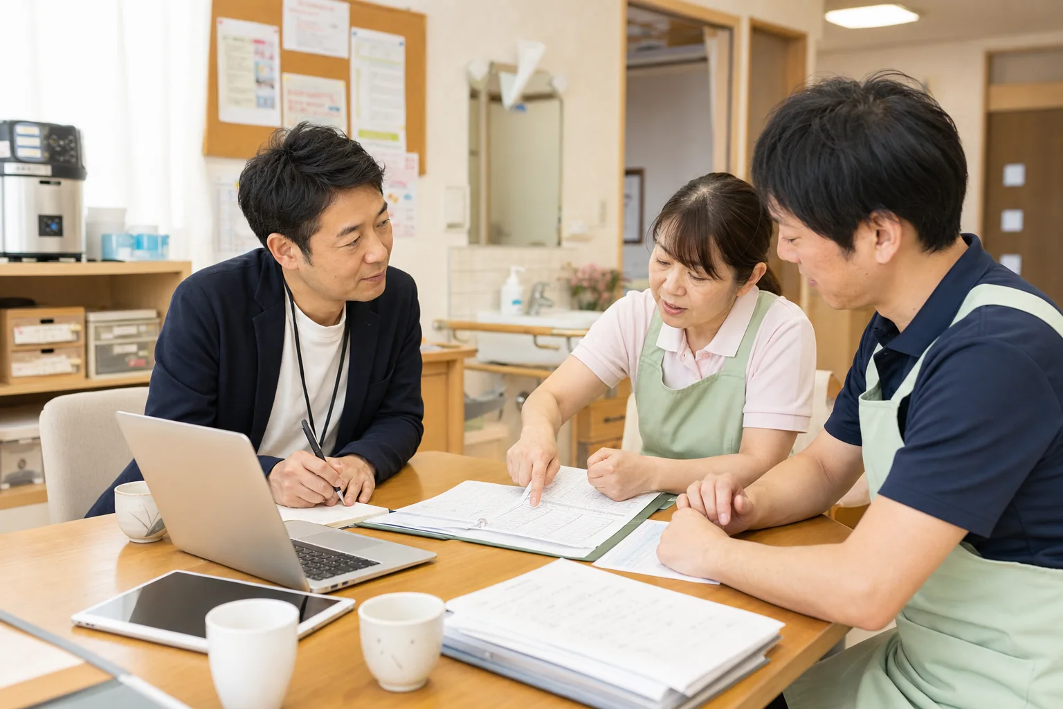 介護現場で相談するスタッフ