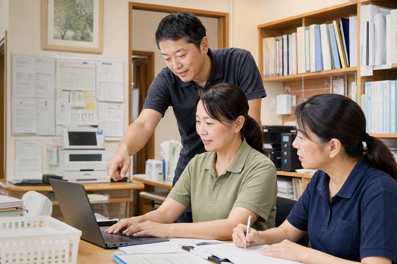 介護職員と一緒にパソコンを確認しながら現場で相談する様子