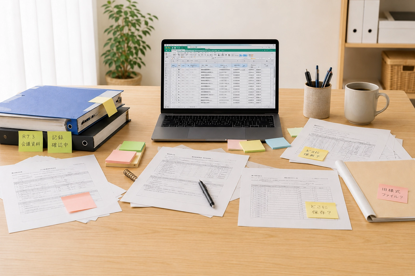 紙や付箋、Excelが分散している書類整理前のイメージ