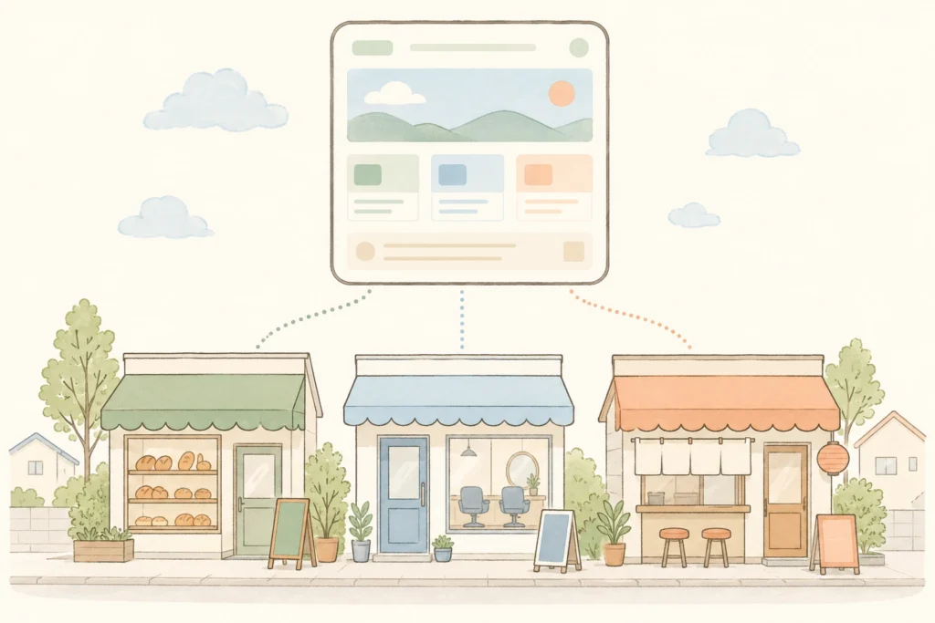 大和郡山の小さな商店街と、その上にふんわり浮かぶウェブページのイラスト