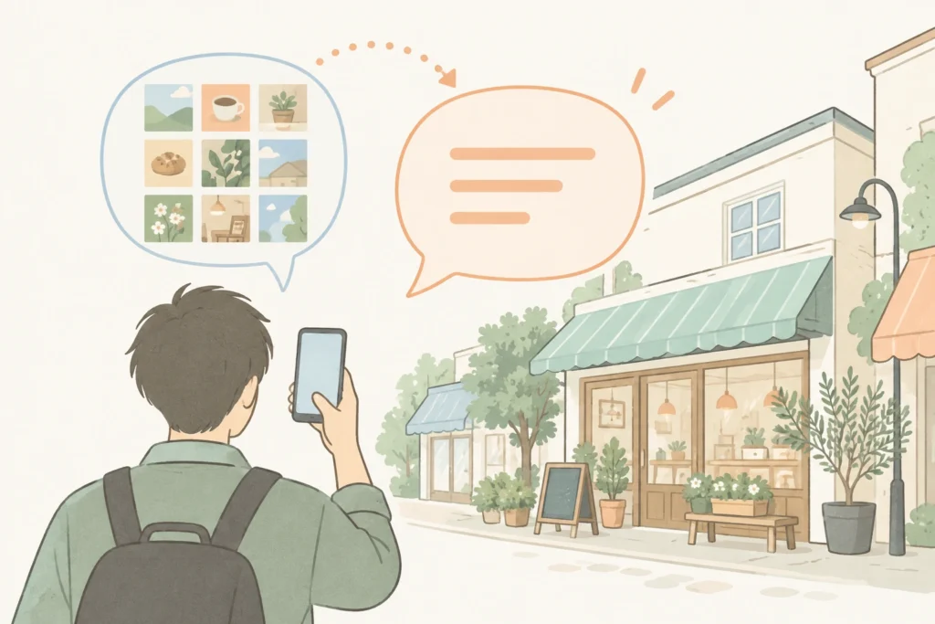 スマートフォンを持つ人と、写真の一覧と会話の吹き出しが浮かぶイラスト