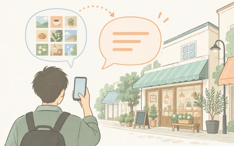 スマートフォンを持つ人と、写真の一覧と会話の吹き出しが浮かぶイラスト