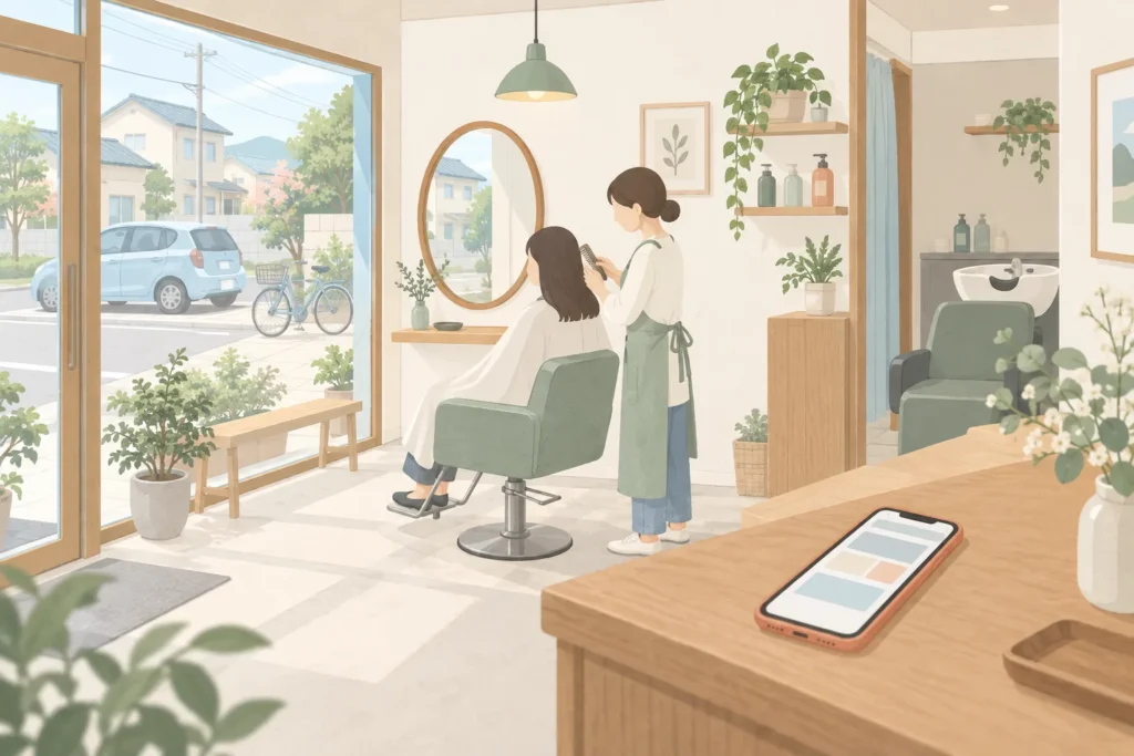 窓の大きな美容室の店内で、スタイリストがお客さまの髪をとかし、受付にはホームページを表示したスマホが置かれているイラスト