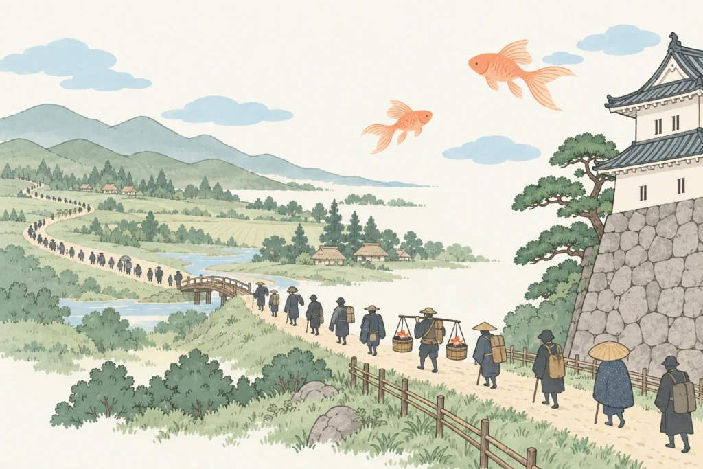 山あいの道を城へ向かって進む江戸時代の長い行列と、天秤棒の桶で運ばれる金魚、空を泳ぐ金魚のイラスト