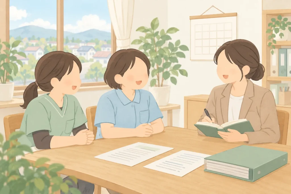 介護事業所の事務所で、職員2人の話をノートを広げて聞いている訪問相談のイラスト