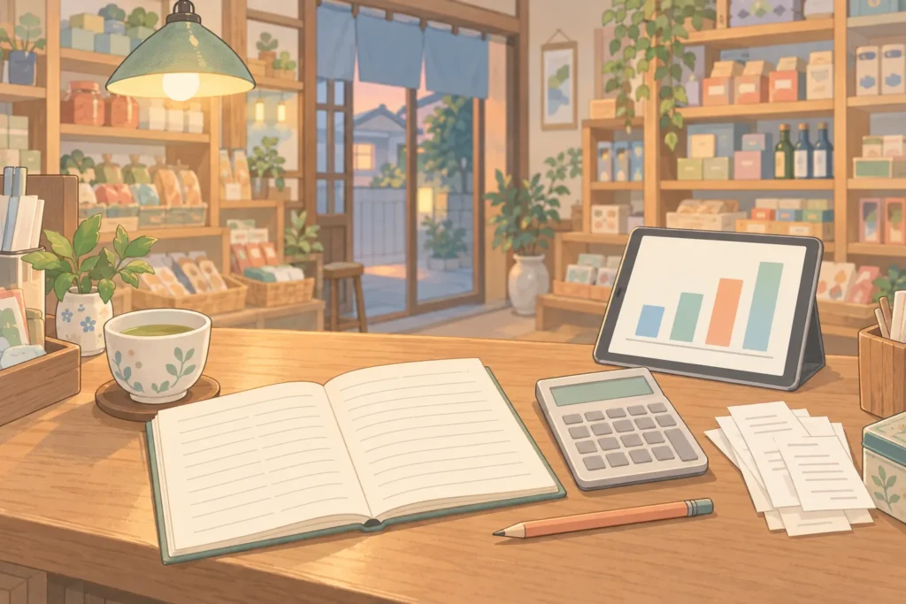 閉店後のお店のカウンターに、手書きの帳簿と電卓、レシート、グラフを表示したタブレットが並ぶイラスト