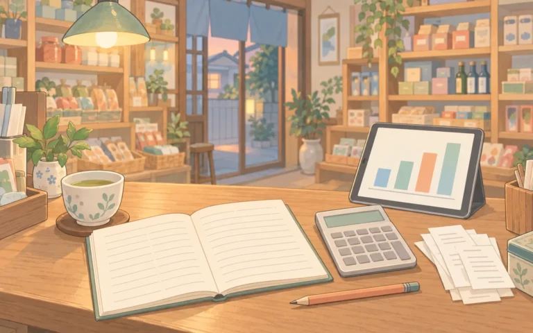 閉店後のお店のカウンターに、手書きの帳簿と電卓、レシート、グラフを表示したタブレットが並ぶイラスト