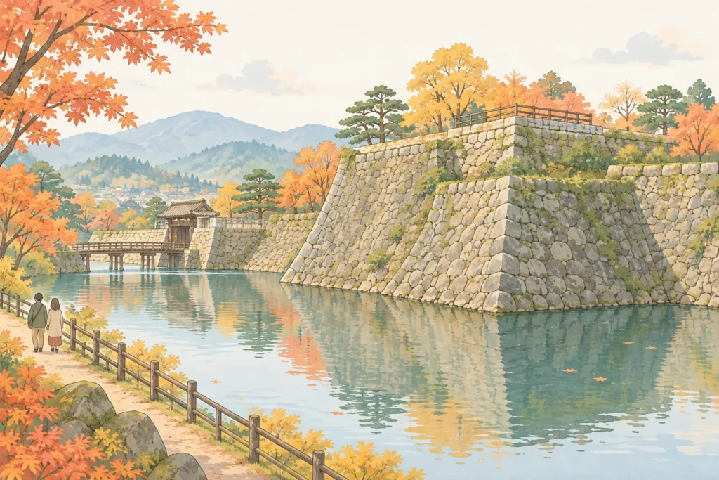 秋の城跡のイラスト。堀の水面に高い石垣が映り、紅葉の木々の下を2人が散歩している