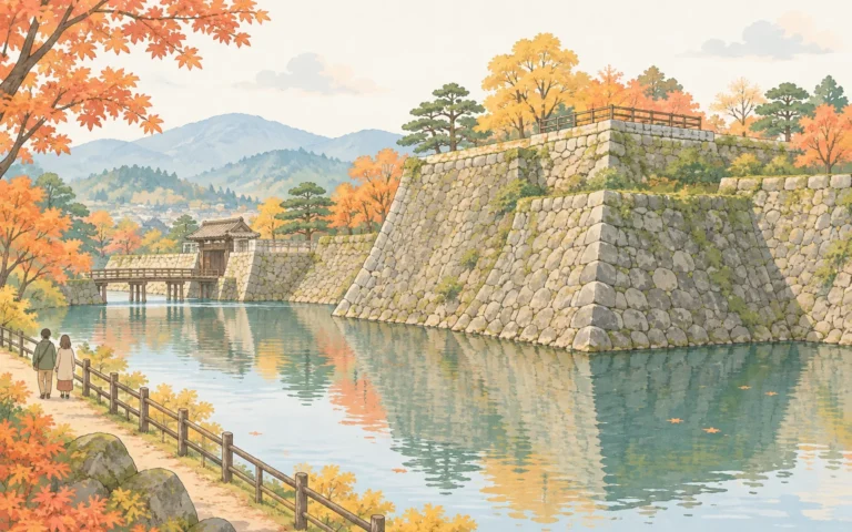 秋の城跡のイラスト。堀の水面に高い石垣が映り、紅葉の木々の下を2人が散歩している